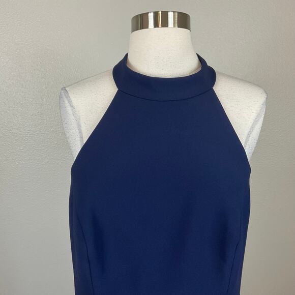 XSCAPE Backless Ruffled Halter Sheath Cocktail Dress Blue Size 14 High Low Midi - Picture 7 of 13
